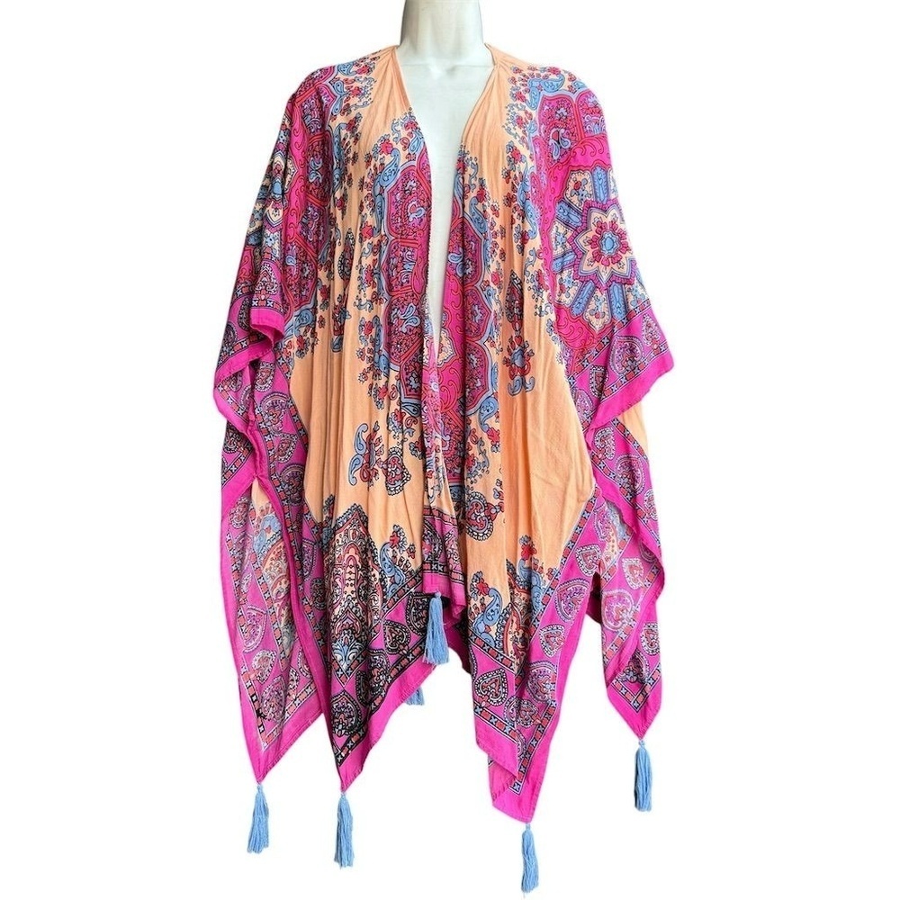 Theodora & Callum Floral Tassel Ruana Shawl Wrap Women's One Size Multicolor